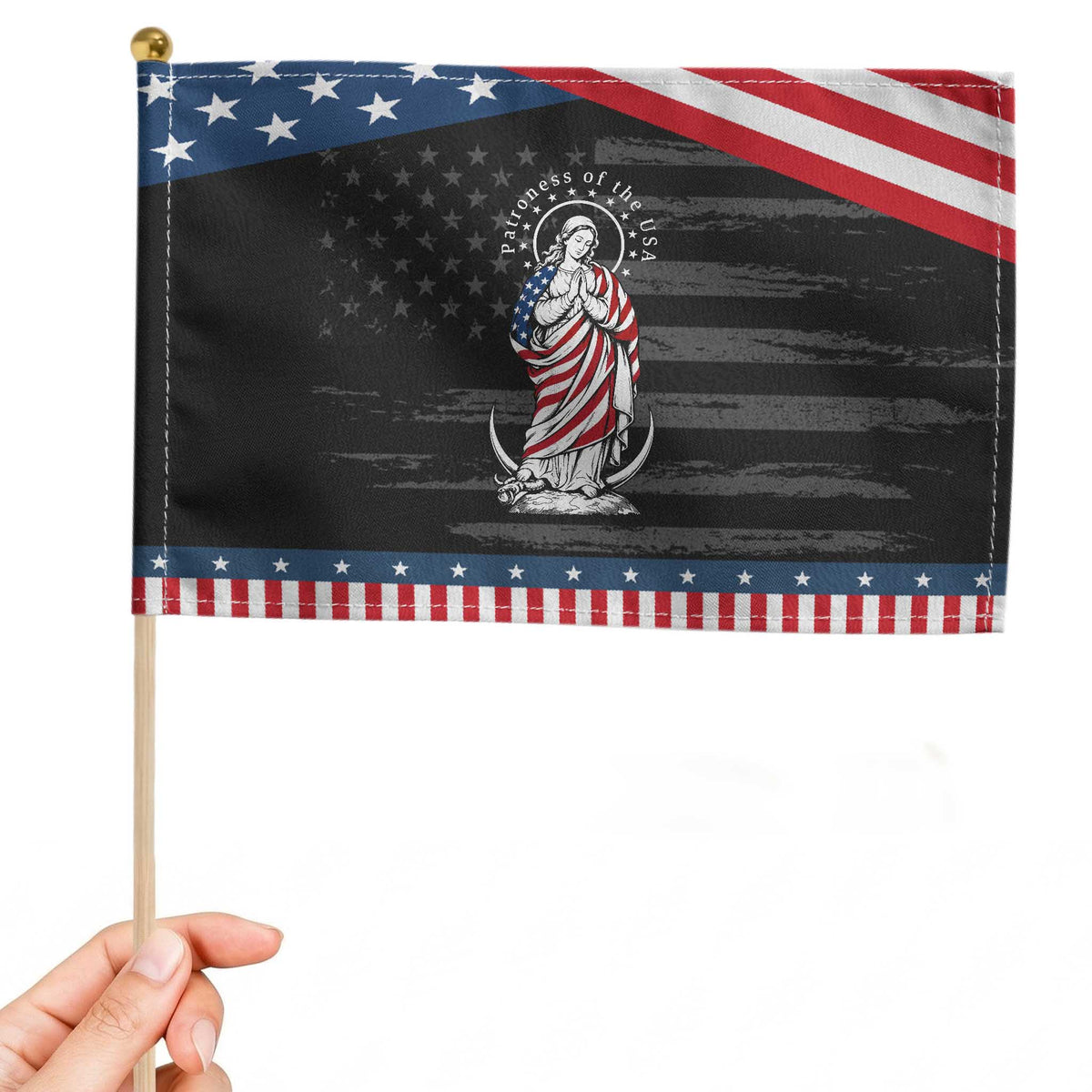 Patroness of the USA Virgin Mary Graphic Patriotic Handheld Flag American Flag Catholic Faith