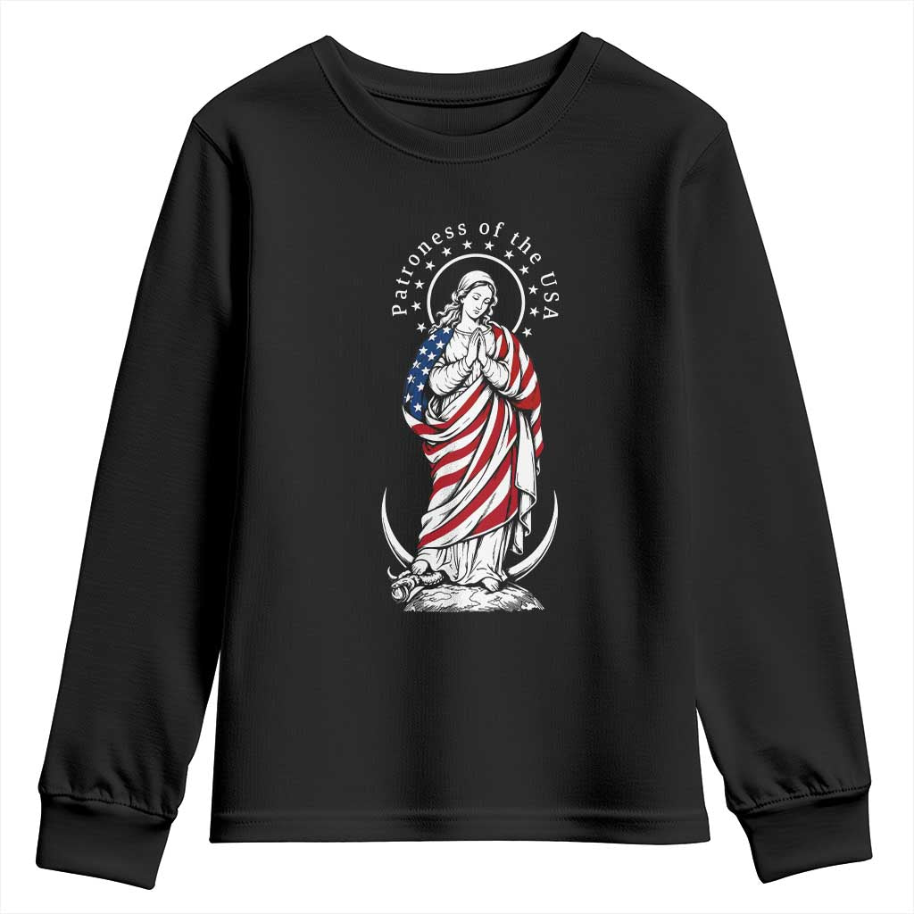 Patroness of the USA Virgin Mary Graphic Youth Sweatshirt Patriotic American Flag Catholic Faith