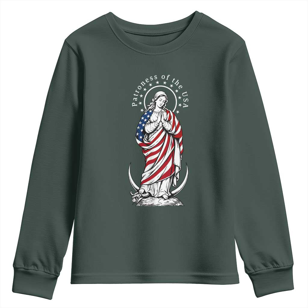 Patroness of the USA Virgin Mary Graphic Youth Sweatshirt Patriotic American Flag Catholic Faith