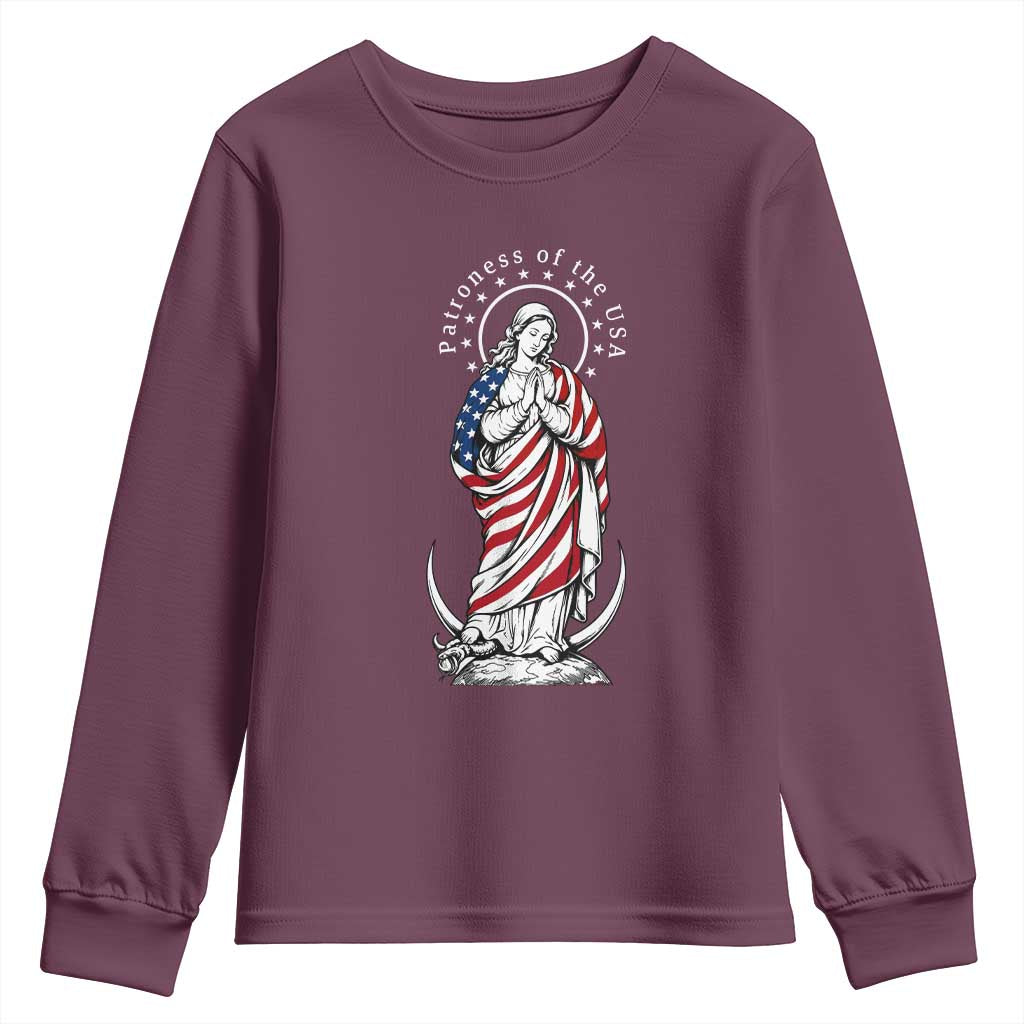 Patroness of the USA Virgin Mary Graphic Youth Sweatshirt Patriotic American Flag Catholic Faith