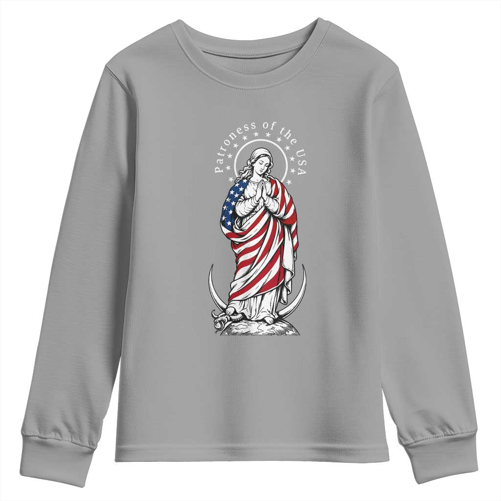 Patroness of the USA Virgin Mary Graphic Youth Sweatshirt Patriotic American Flag Catholic Faith