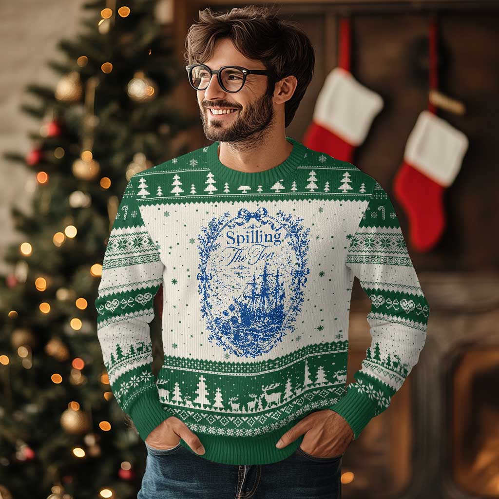 Spilling The Tea Since 1773 Boston Tea Party Ugly Christmas Sweater Funny Historical Toile Graphic American History Humor