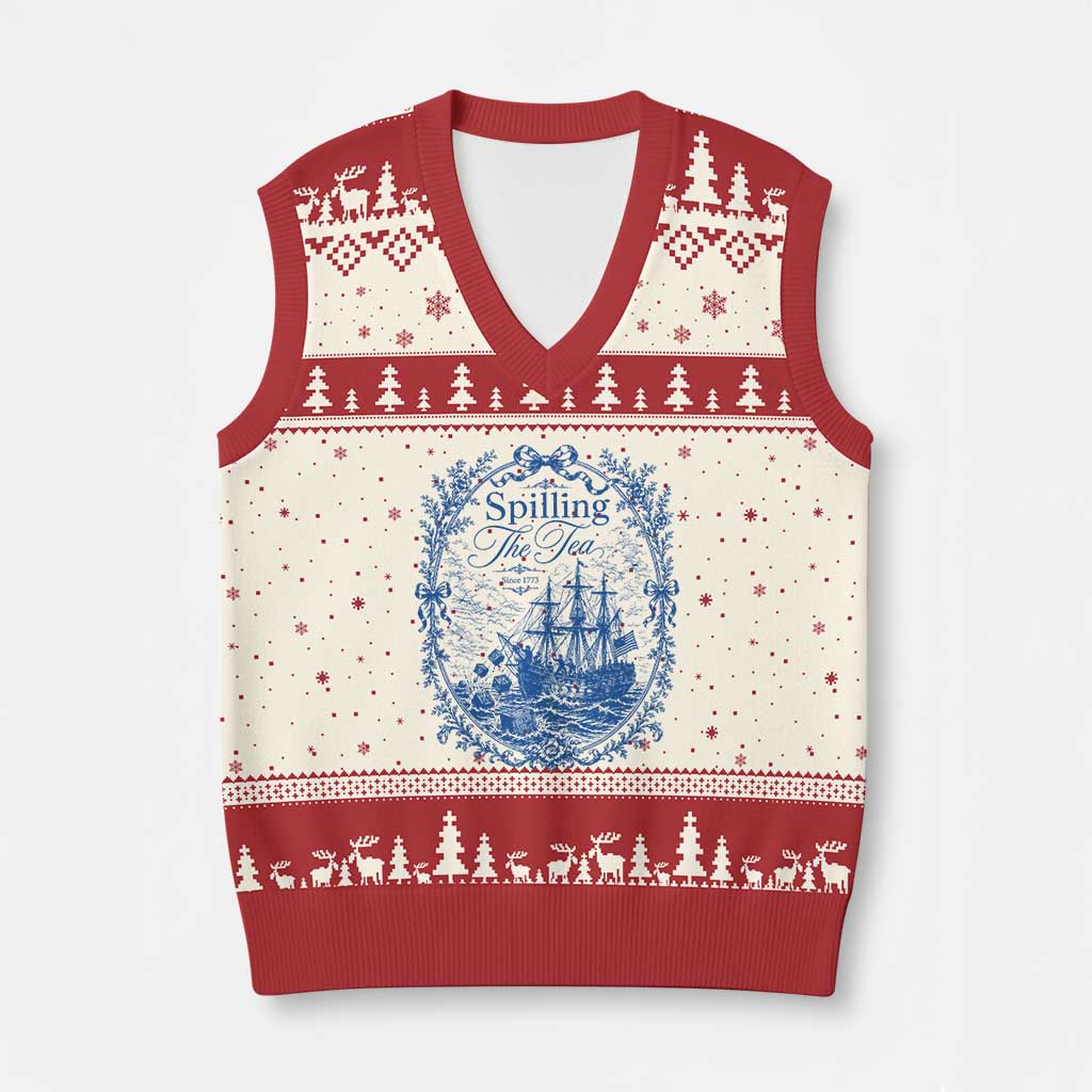 Spilling The Tea Since 1773 Boston Tea Party V-Neck Knit Sweater Vest Funny Historical Toile Graphic American History Humor