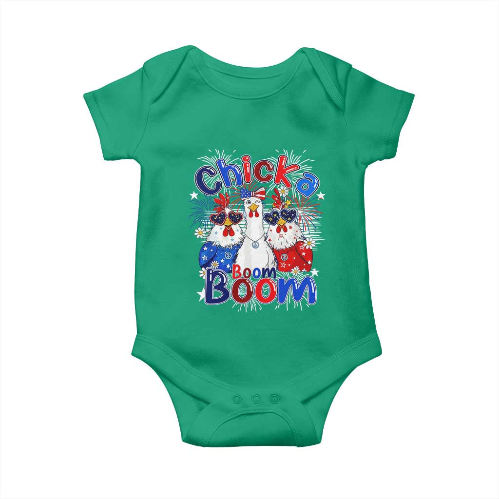 Funny Patriotic Chickens 4th of July Fireworks Baby Onesie Retro Chicka Boom Boom Hen Rooster Chick Graphic