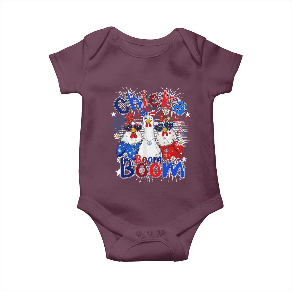 Funny Patriotic Chickens 4th of July Fireworks Baby Onesie Retro Chicka Boom Boom Hen Rooster Chick Graphic
