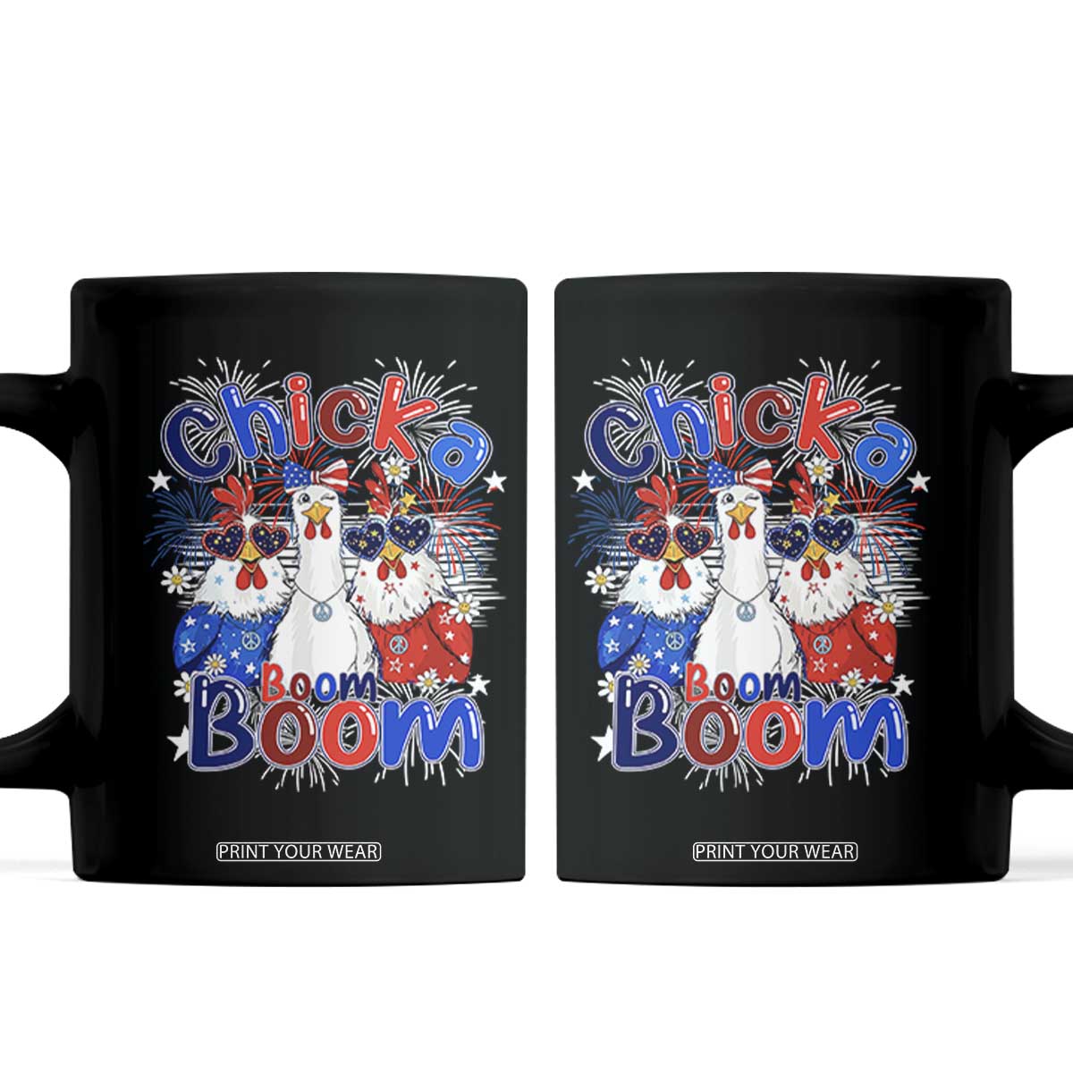 Funny Patriotic Chickens 4th of July Fireworks Coffee Mug Retro Chicka Boom Boom Hen Rooster Chick Graphic