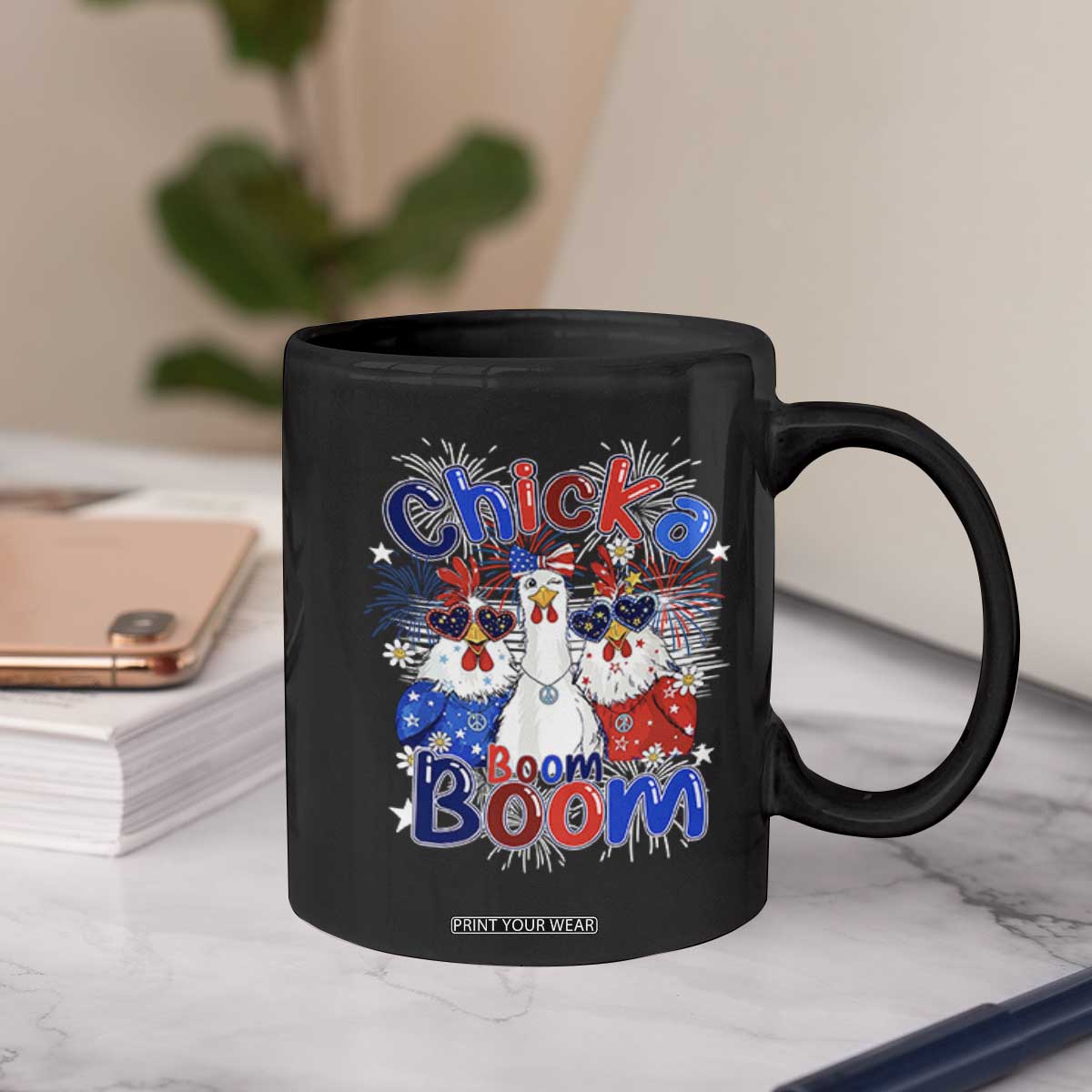 Funny Patriotic Chickens 4th of July Fireworks Coffee Mug Retro Chicka Boom Boom Hen Rooster Chick Graphic