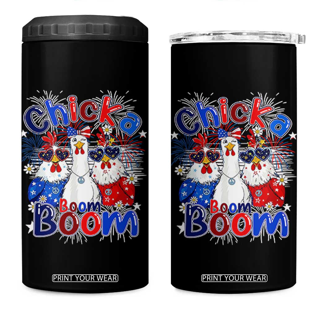 Funny Patriotic Chickens 4th of July Fireworks 4 in 1 Can Cooler Tumbler Retro Chicka Boom Boom Hen Rooster Chick Graphic