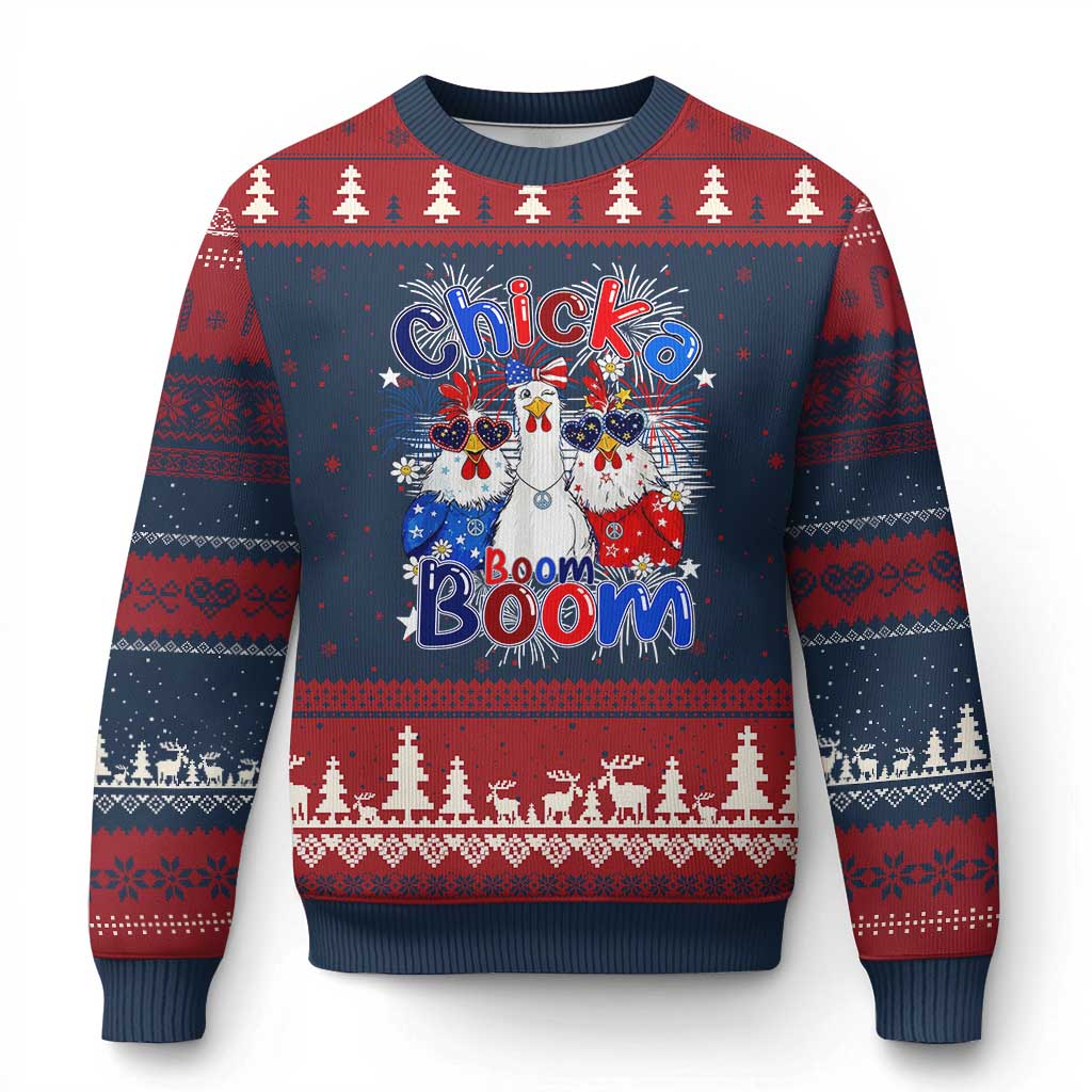 Funny Patriotic Chickens 4th of July Fireworks Ugly Christmas Sweater Retro Chicka Boom Boom Hen Rooster Chick Graphic