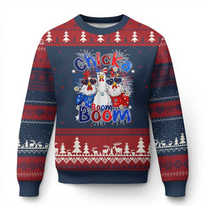 Funny Patriotic Chickens 4th of July Fireworks Ugly Christmas Sweater Retro Chicka Boom Boom Hen Rooster Chick Graphic