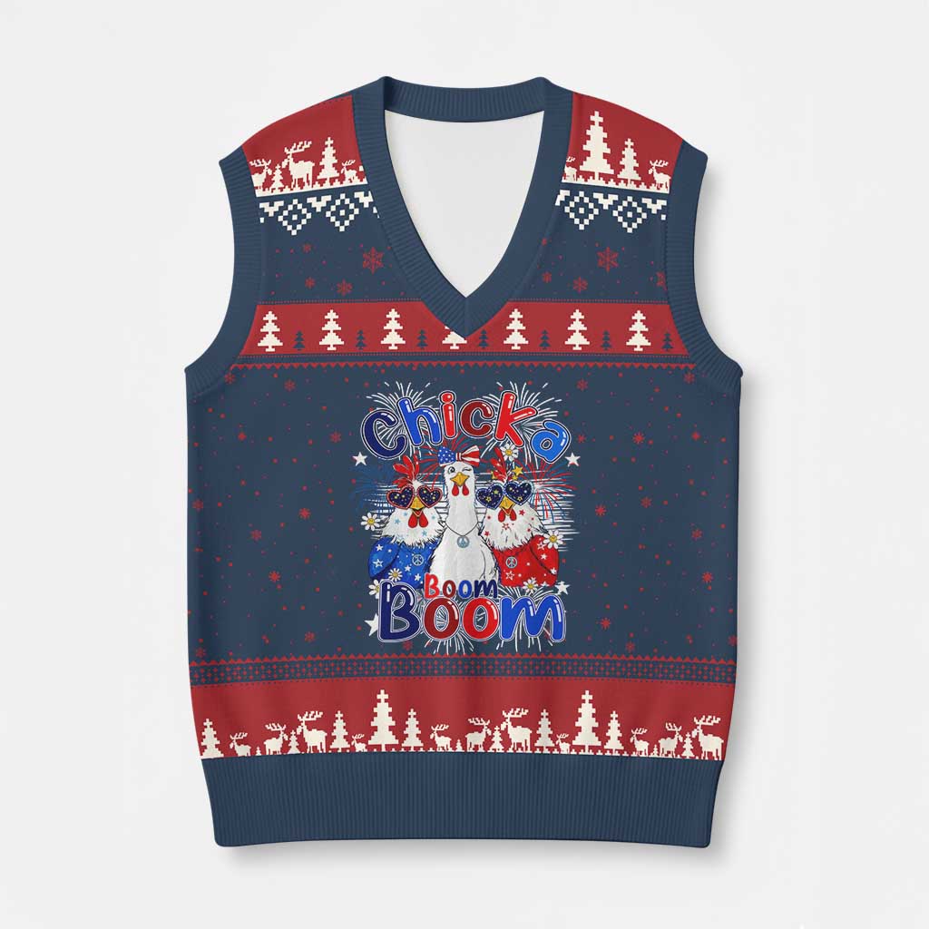 Funny Patriotic Chickens 4th of July Fireworks V-Neck Knit Sweater Vest Retro Chicka Boom Boom Hen Rooster Chick Graphic TS02 Navy Red Print Your Wear
