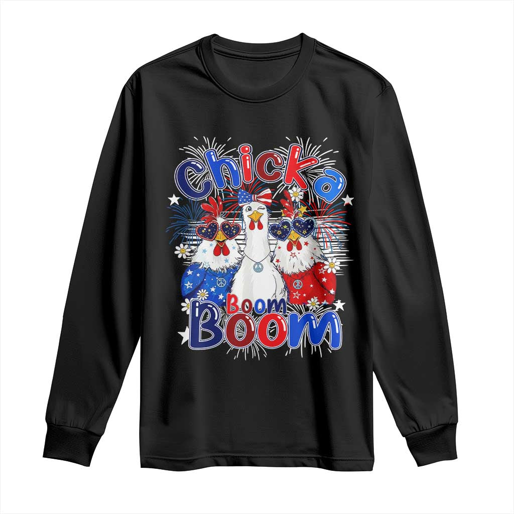 Funny Patriotic Chickens 4th of July Fireworks Long Sleeve Shirt Retro Chicka Boom Boom Hen Rooster Chick Graphic