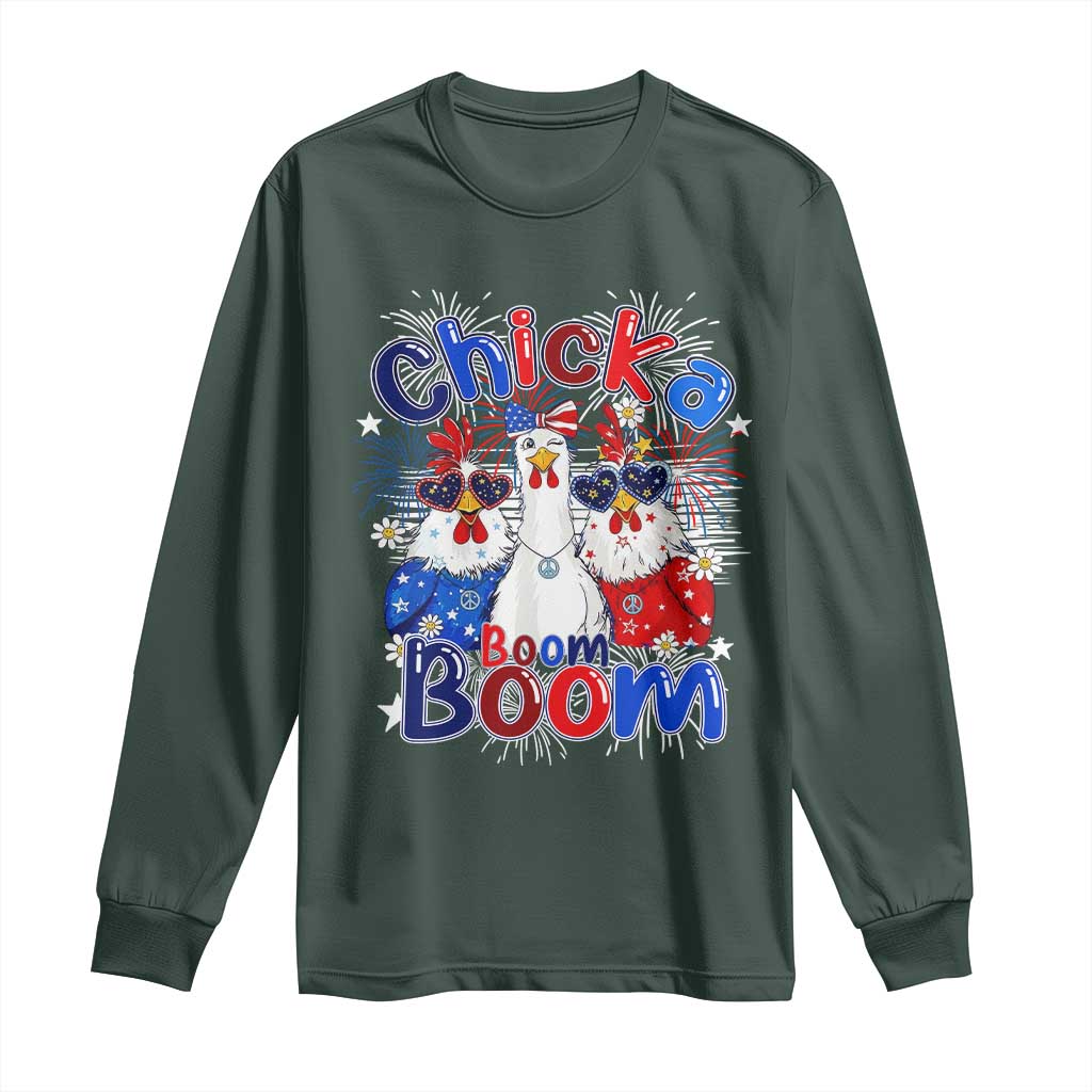 Funny Patriotic Chickens 4th of July Fireworks Long Sleeve Shirt Retro Chicka Boom Boom Hen Rooster Chick Graphic
