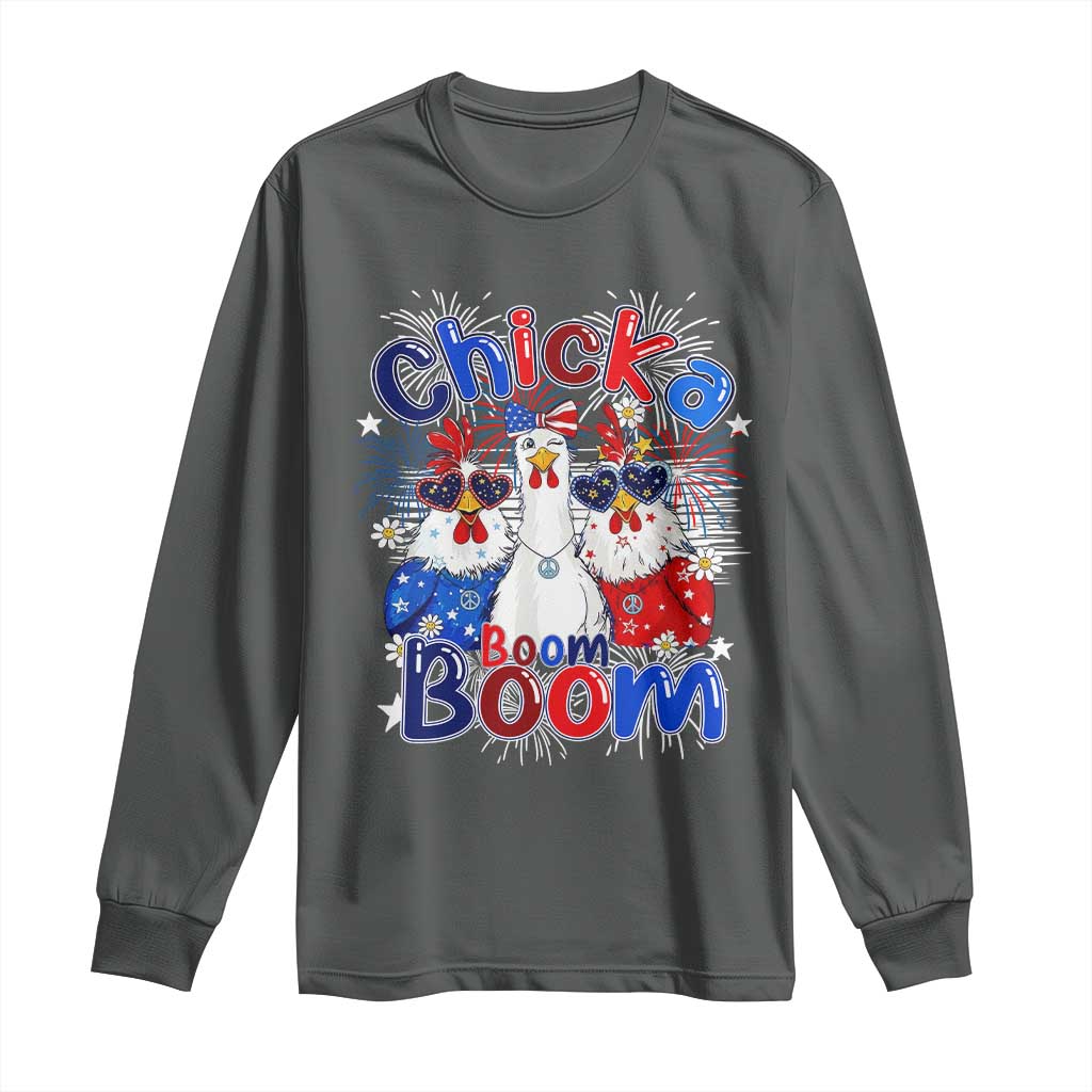 Funny Patriotic Chickens 4th of July Fireworks Long Sleeve Shirt Retro Chicka Boom Boom Hen Rooster Chick Graphic