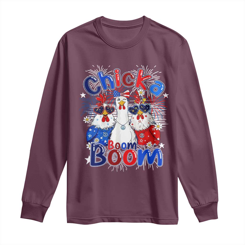 Funny Patriotic Chickens 4th of July Fireworks Long Sleeve Shirt Retro Chicka Boom Boom Hen Rooster Chick Graphic