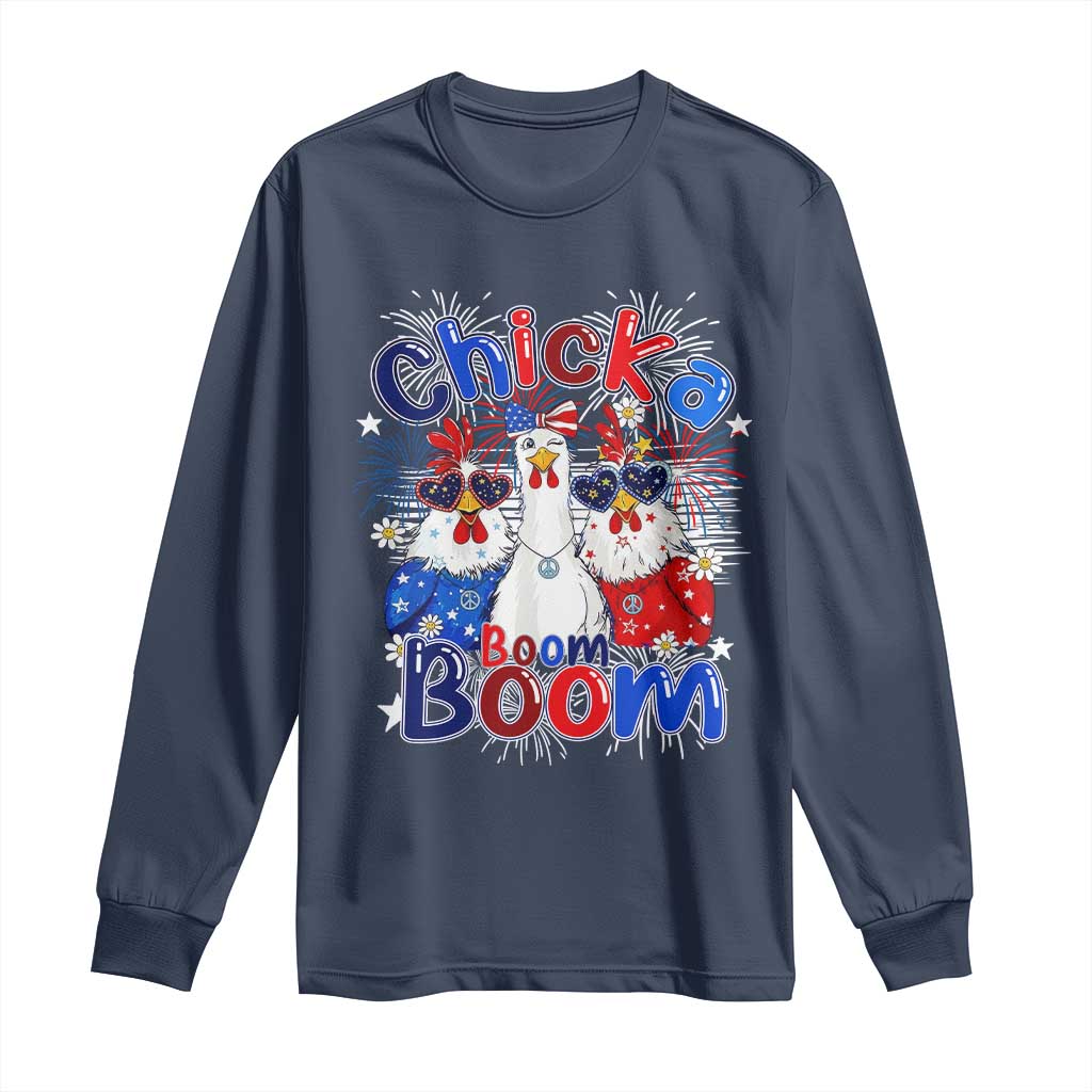 Funny Patriotic Chickens 4th of July Fireworks Long Sleeve Shirt Retro Chicka Boom Boom Hen Rooster Chick Graphic