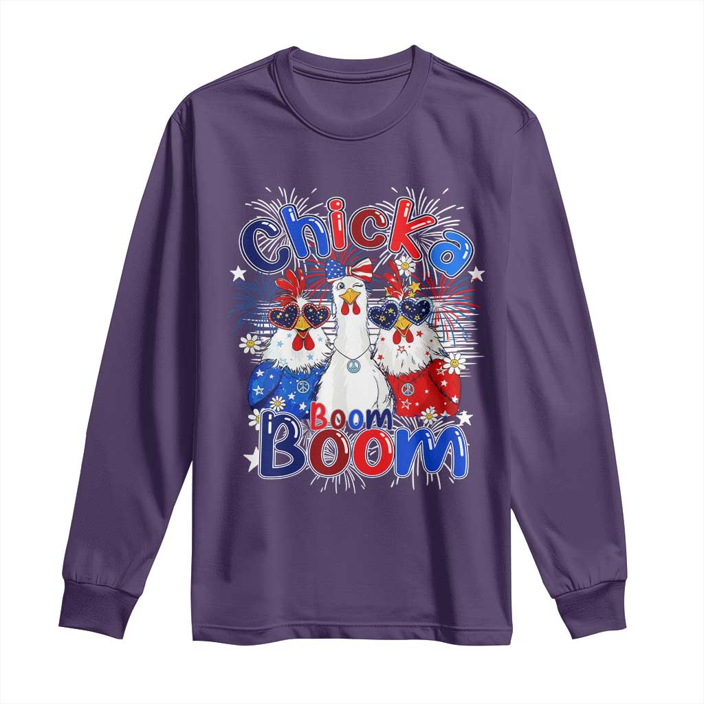 Funny Patriotic Chickens 4th of July Fireworks Long Sleeve Shirt Retro Chicka Boom Boom Hen Rooster Chick Graphic