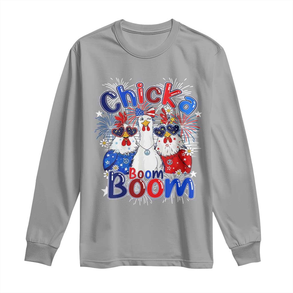 Funny Patriotic Chickens 4th of July Fireworks Long Sleeve Shirt Retro Chicka Boom Boom Hen Rooster Chick Graphic