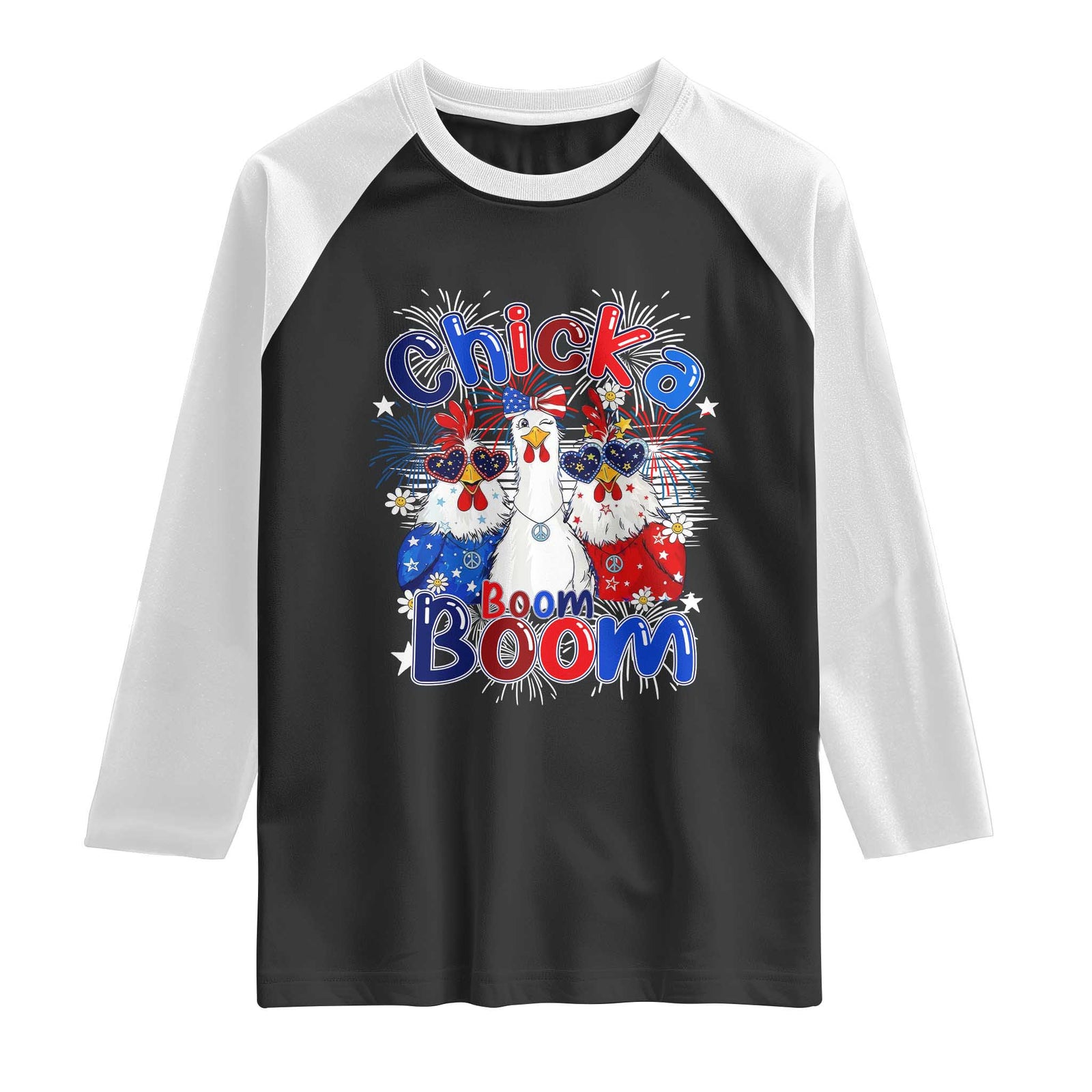 Funny Patriotic Chickens 4th of July Fireworks Raglan Shirt Retro Chicka Boom Boom Hen Rooster Chick Graphic TS02 Black White Print Your Wear