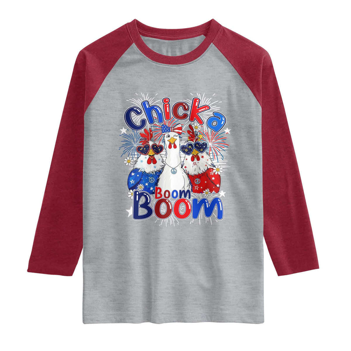 Funny Patriotic Chickens 4th of July Fireworks Raglan Shirt Retro Chicka Boom Boom Hen Rooster Chick Graphic