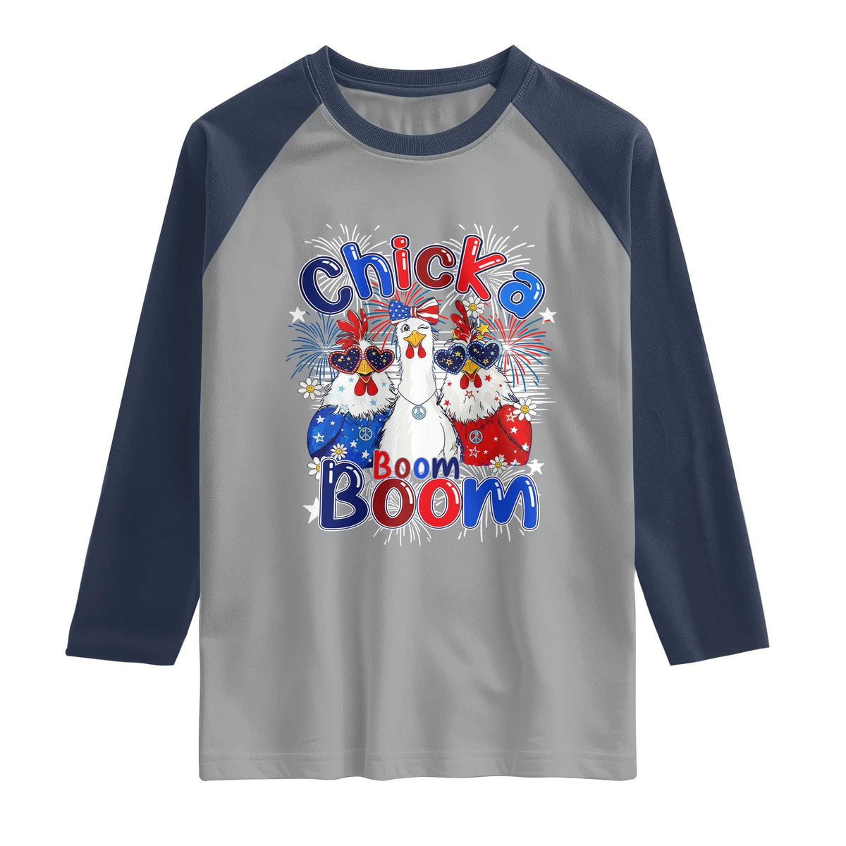 Funny Patriotic Chickens 4th of July Fireworks Raglan Shirt Retro Chicka Boom Boom Hen Rooster Chick Graphic