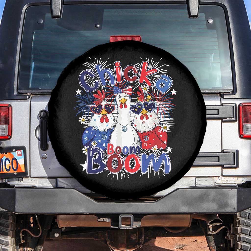 Funny Patriotic Chickens 4th of July Fireworks Spare Tire Cover Retro Chicka Boom Boom Hen Rooster Chick Graphic TS02 No hole Black Print Your Wear
