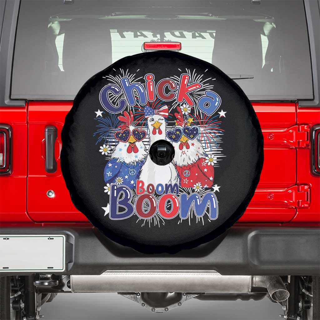 Funny Patriotic Chickens 4th of July Fireworks Spare Tire Cover Retro Chicka Boom Boom Hen Rooster Chick Graphic
