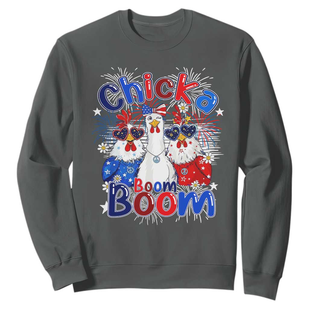 Funny Patriotic Chickens 4th of July Fireworks Sweatshirt Retro Chicka Boom Boom Hen Rooster Chick Graphic