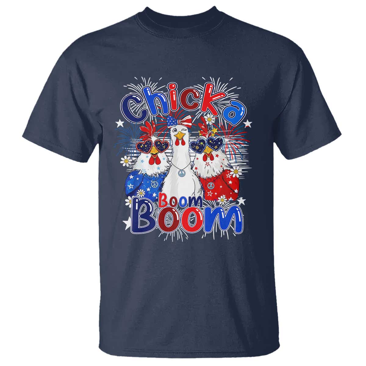 Funny Patriotic Chickens 4th of July Fireworks T Shirt Retro Chicka Boom Boom Hen Rooster Chick Graphic