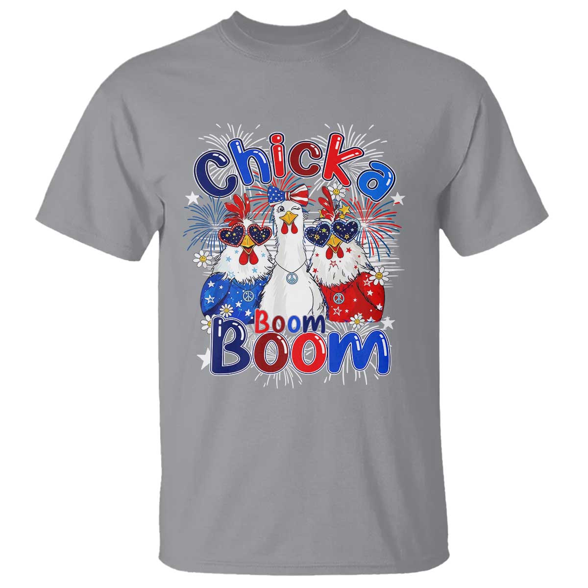 Funny Patriotic Chickens 4th of July Fireworks T Shirt Retro Chicka Boom Boom Hen Rooster Chick Graphic