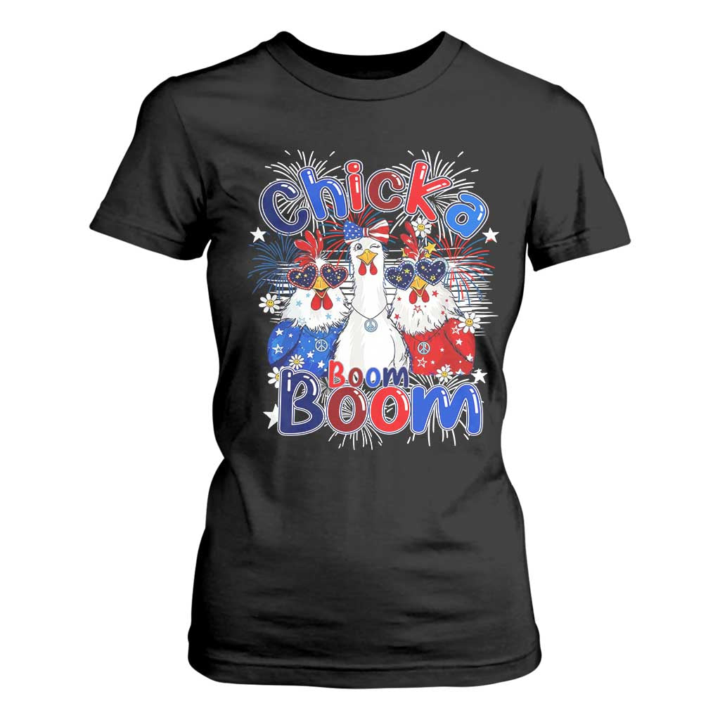 Funny Patriotic Chickens 4th of July Fireworks T Shirt For Women Retro Chicka Boom Boom Hen Rooster Chick Graphic