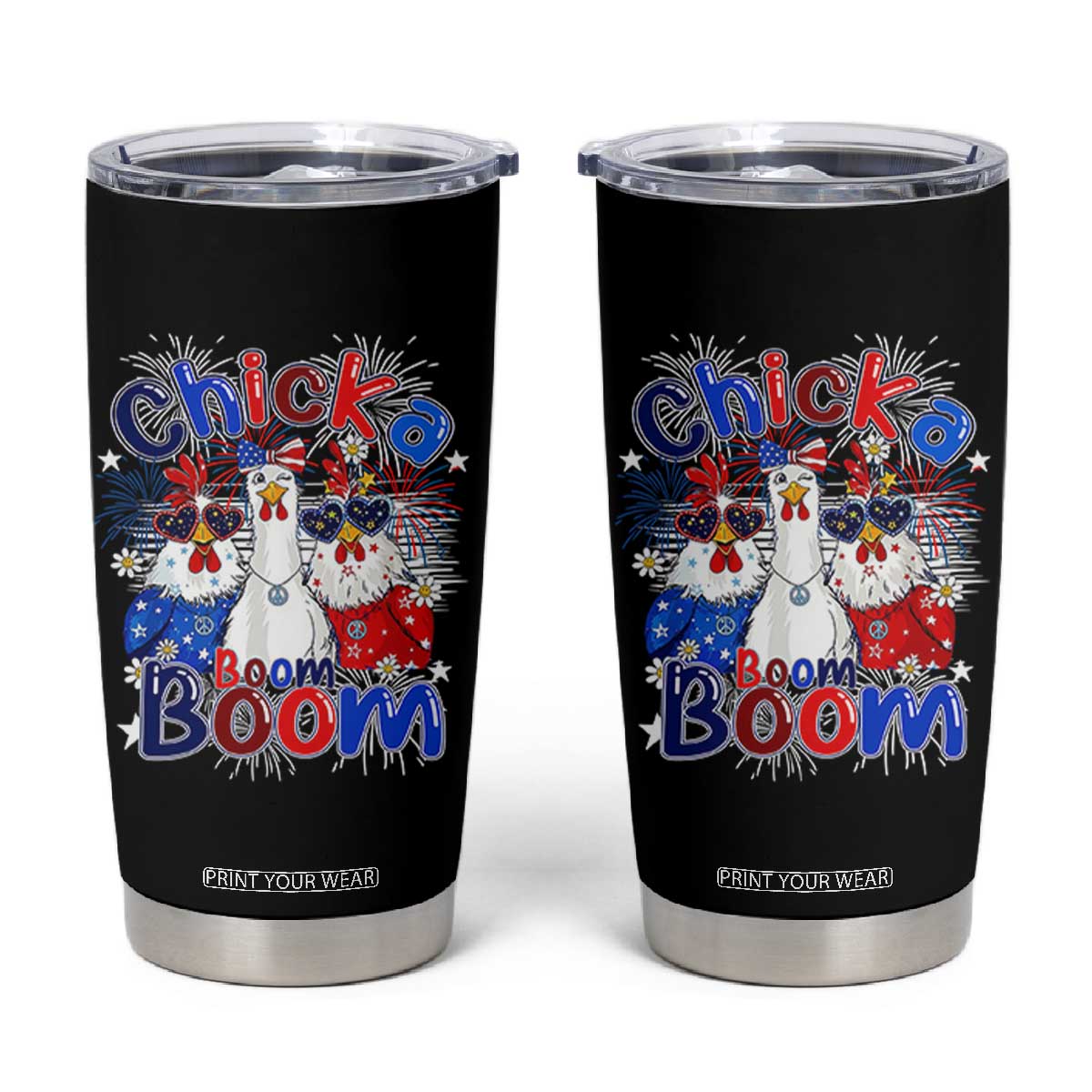 Funny Patriotic Chickens 4th of July Fireworks Tumbler Cup Retro Chicka Boom Boom Hen Rooster Chick Graphic