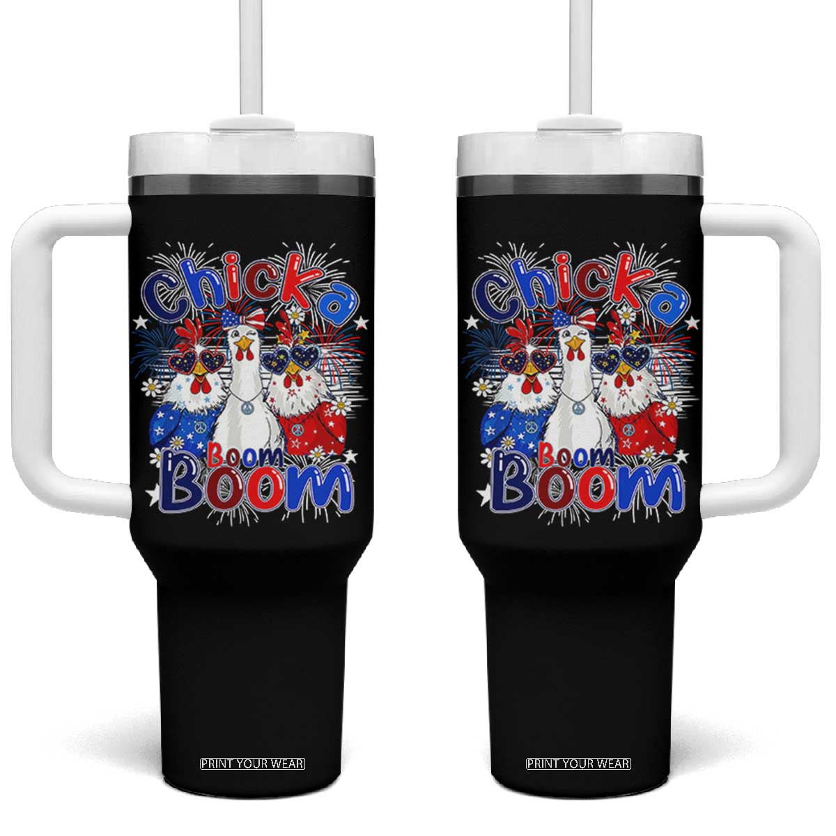 Funny Patriotic Chickens 4th of July Fireworks Tumbler With Handle Retro Chicka Boom Boom Hen Rooster Chick Graphic