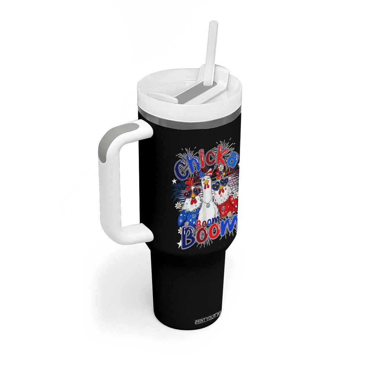 Funny Patriotic Chickens 4th of July Fireworks Tumbler With Handle Retro Chicka Boom Boom Hen Rooster Chick Graphic