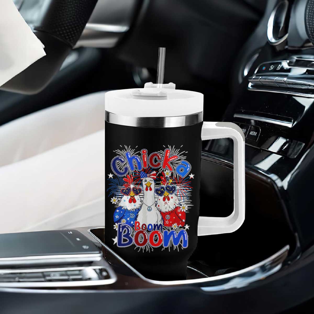 Funny Patriotic Chickens 4th of July Fireworks Tumbler With Handle Retro Chicka Boom Boom Hen Rooster Chick Graphic