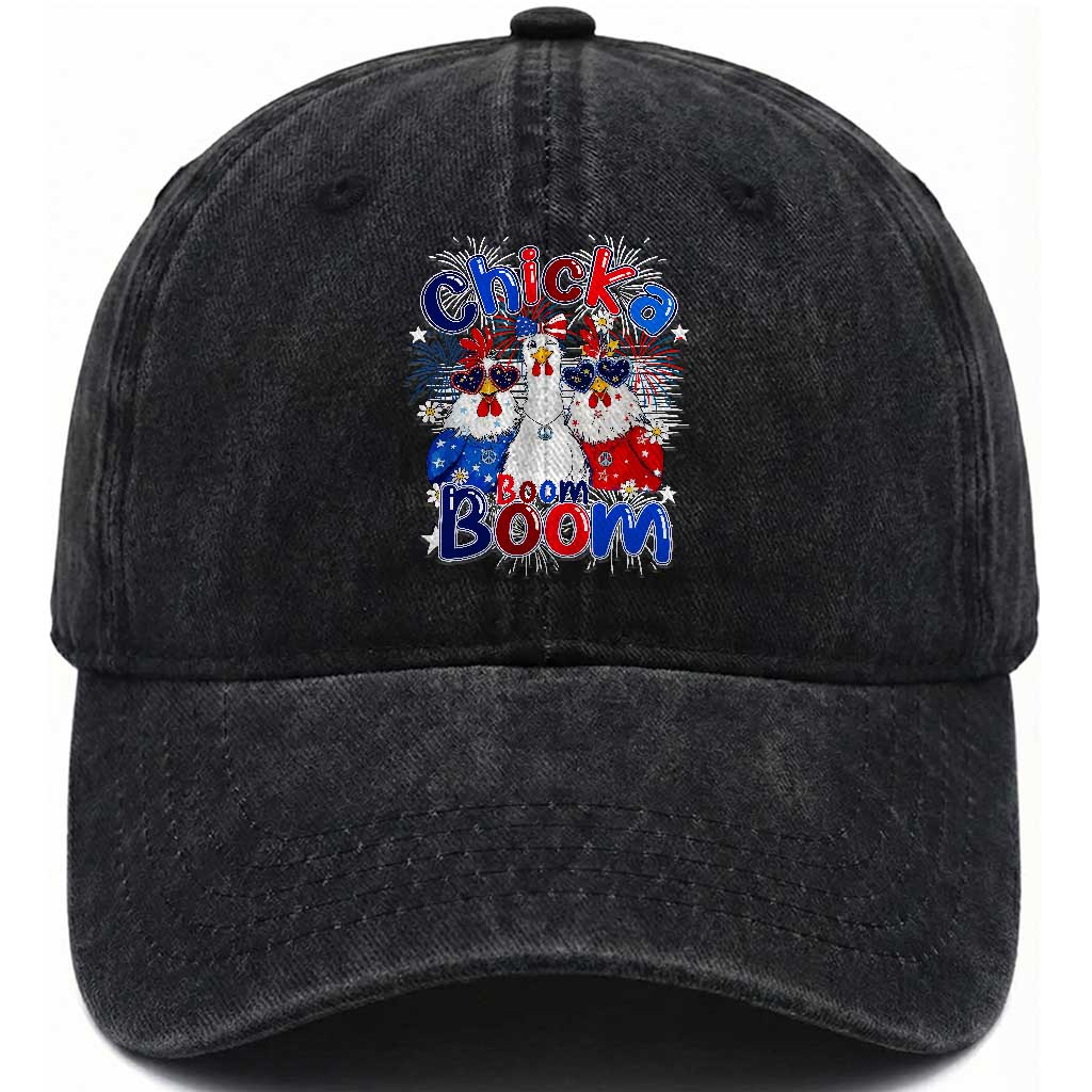 Funny Patriotic Chickens 4th of July Fireworks Washed Cotton Baseball Cap Retro Chicka Boom Boom Hen Rooster Chick Graphic