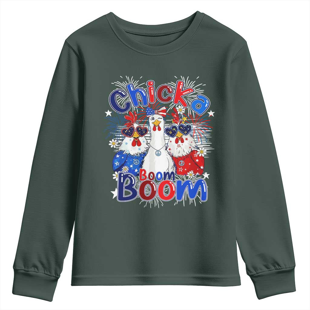 Funny Patriotic Chickens 4th of July Fireworks Youth Sweatshirt Retro Chicka Boom Boom Hen Rooster Chick Graphic