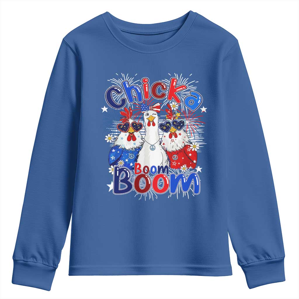 Funny Patriotic Chickens 4th of July Fireworks Youth Sweatshirt Retro Chicka Boom Boom Hen Rooster Chick Graphic