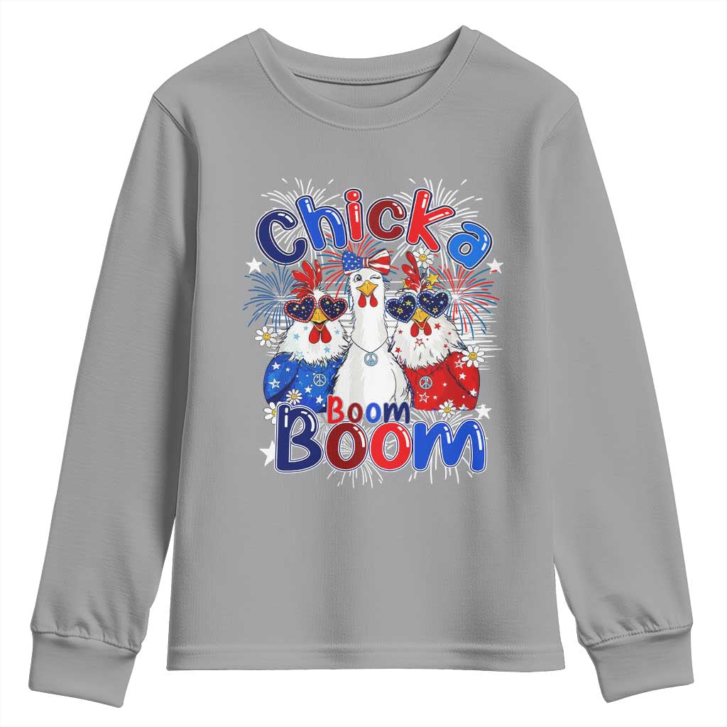 Funny Patriotic Chickens 4th of July Fireworks Youth Sweatshirt Retro Chicka Boom Boom Hen Rooster Chick Graphic