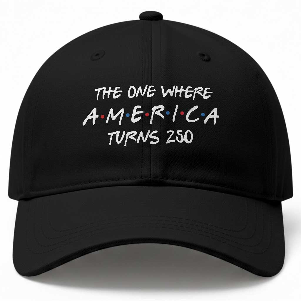 The One Where America Turns 250 Funny Sitcom Parody Baseball Cap Red White and Blue Dots Retro TV Show Semiquincentennial