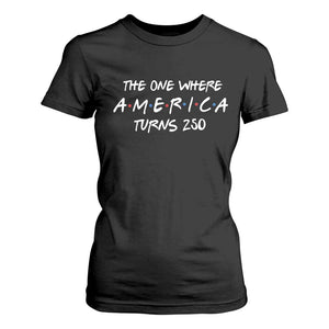 The One Where America Turns 250 Funny Sitcom Parody T Shirt For Women Red White and Blue Dots Retro TV Show Semiquincentennial