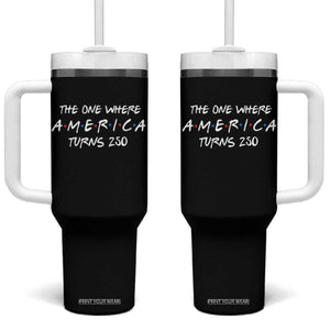 The One Where America Turns 250 Funny Sitcom Parody Tumbler With Handle Red White and Blue Dots Retro TV Show Semiquincentennial