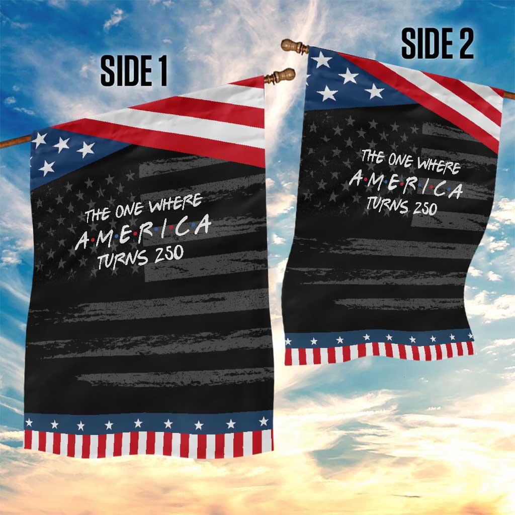 The One Where America Turns 250 Funny Sitcom Parody Patriotic Garden Flag Red White and Blue Dots Retro TV Show Semiquincentennial