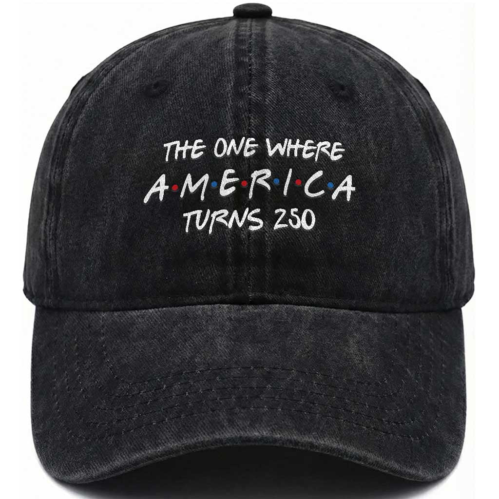 The One Where America Turns 250 Funny Sitcom Parody Washed Cotton Baseball Cap Red White and Blue Dots Retro TV Show Semiquincentennial