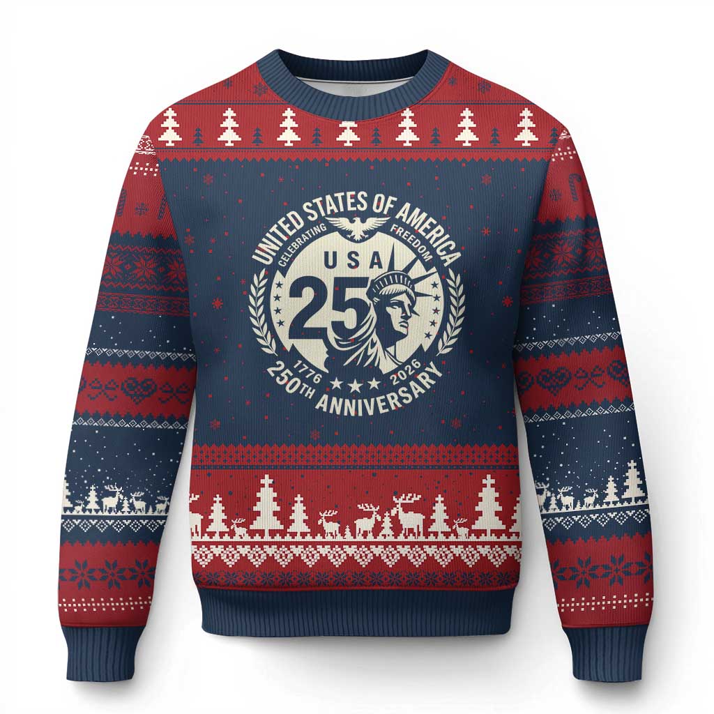 USA 250th Anniversary Statue of Liberty Vintage Crest Ugly Christmas Sweater Celebrating Freedom 1776 to 2026 Semiquincentennial