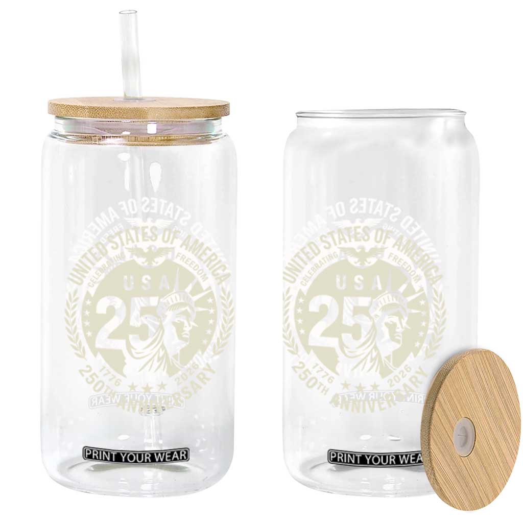USA 250th Anniversary Statue of Liberty Vintage Crest Glass Can Celebrating Freedom 1776 to 2026 Semiquincentennial