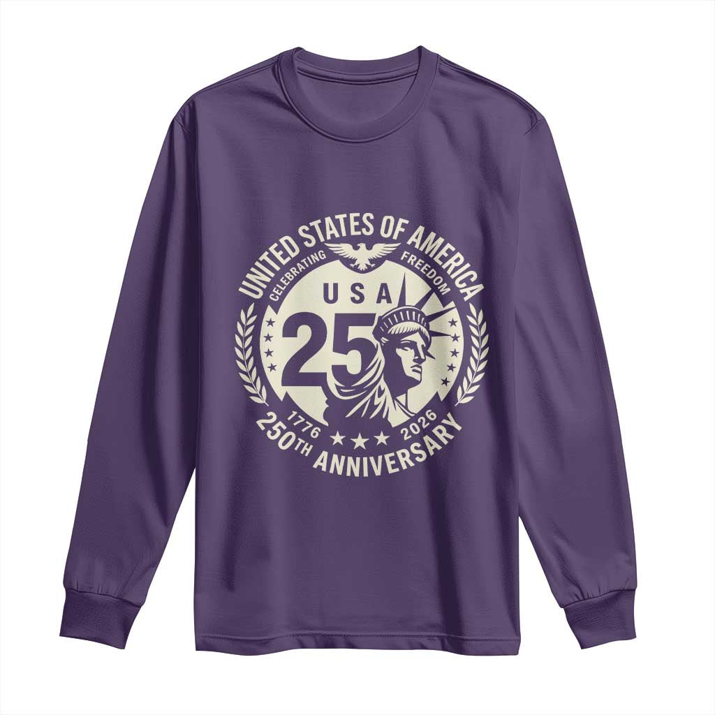 USA 250th Anniversary Statue of Liberty Vintage Crest Long Sleeve Shirt Celebrating Freedom 1776 to 2026 Semiquincentennial