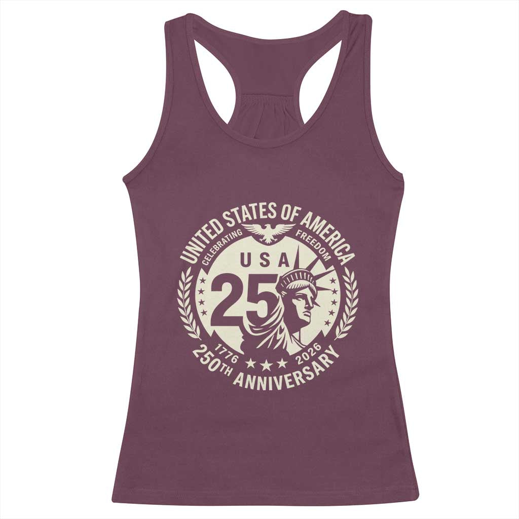 USA 250th Anniversary Statue of Liberty Vintage Crest Racerback Tank Top Celebrating Freedom 1776 to 2026 Semiquincentennial