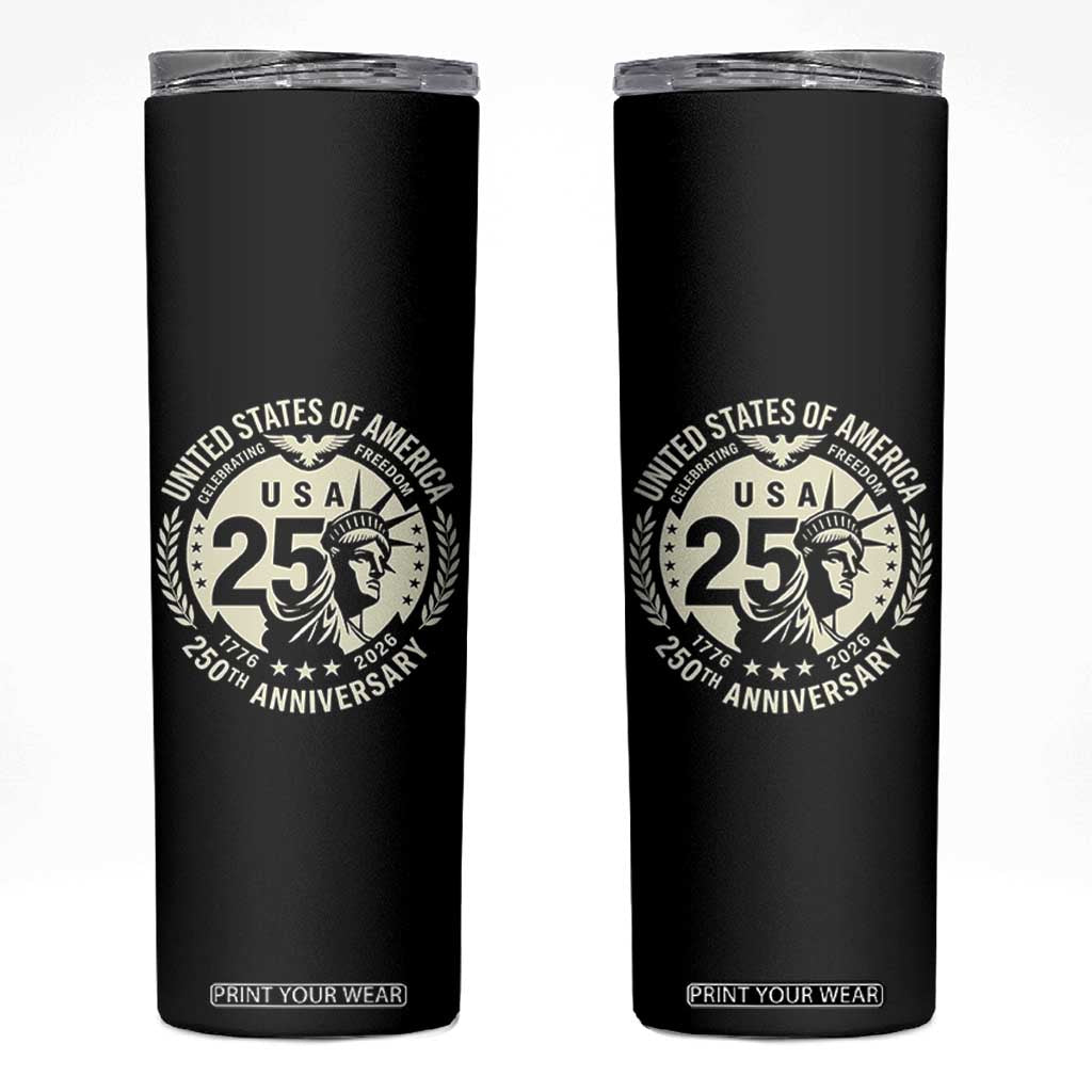 USA 250th Anniversary Statue of Liberty Vintage Crest Skinny Tumbler Celebrating Freedom 1776 to 2026 Semiquincentennial