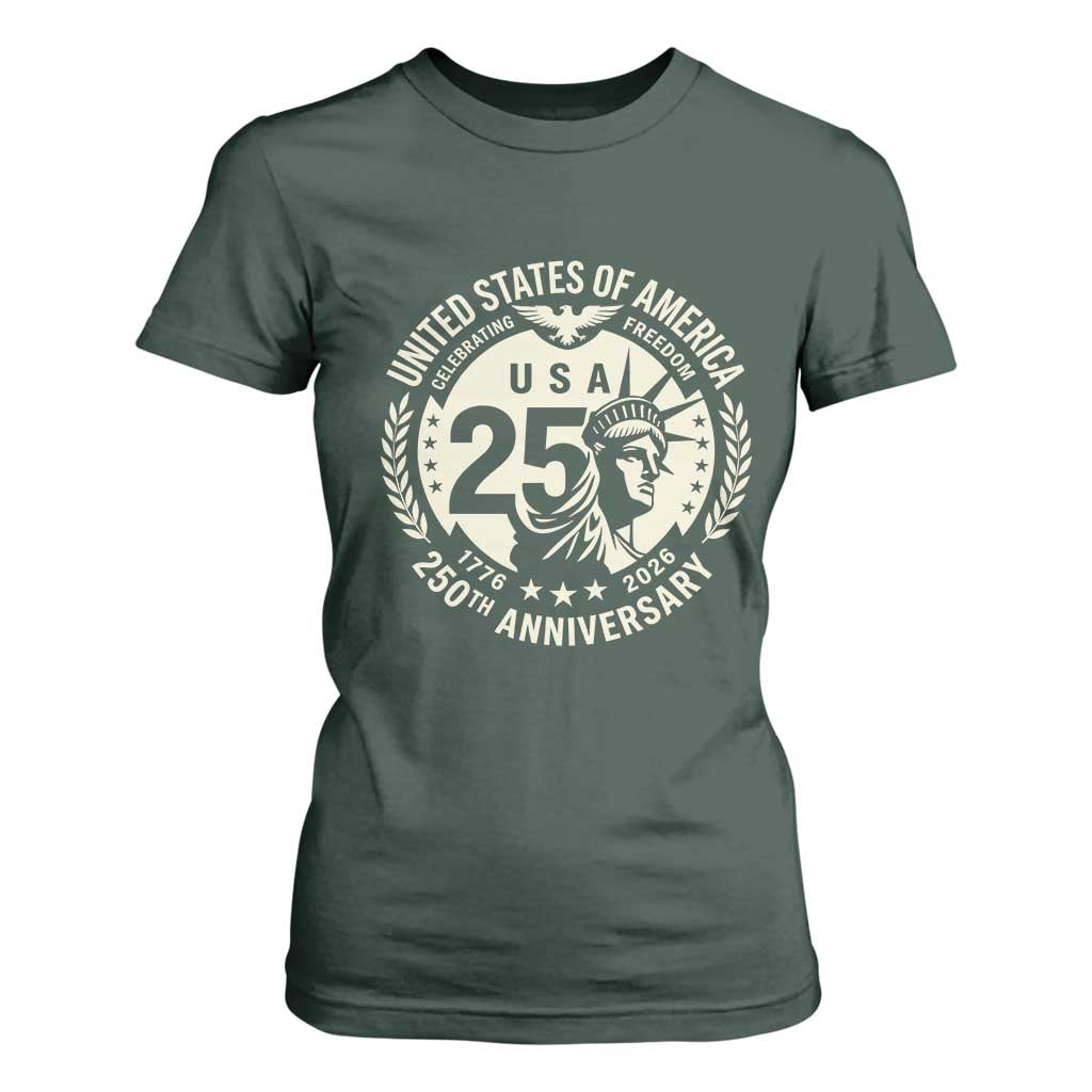 USA 250th Anniversary Statue of Liberty Vintage Crest T Shirt For Women Celebrating Freedom 1776 to 2026 Semiquincentennial